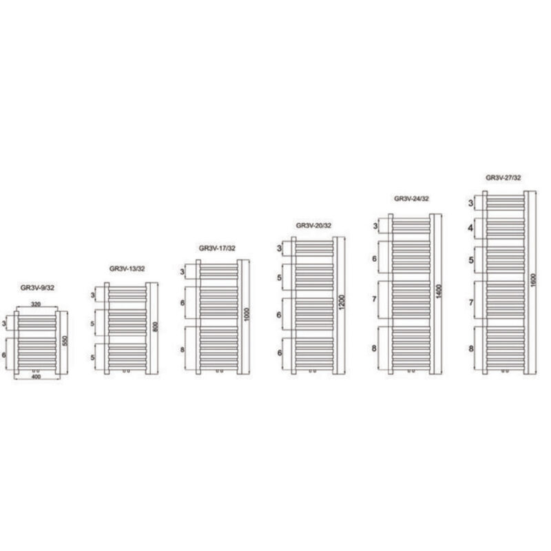 Grzejnik łazienkowy GR3V z zasilaniem dolnym centrycznym, biały – 20 żeberek.