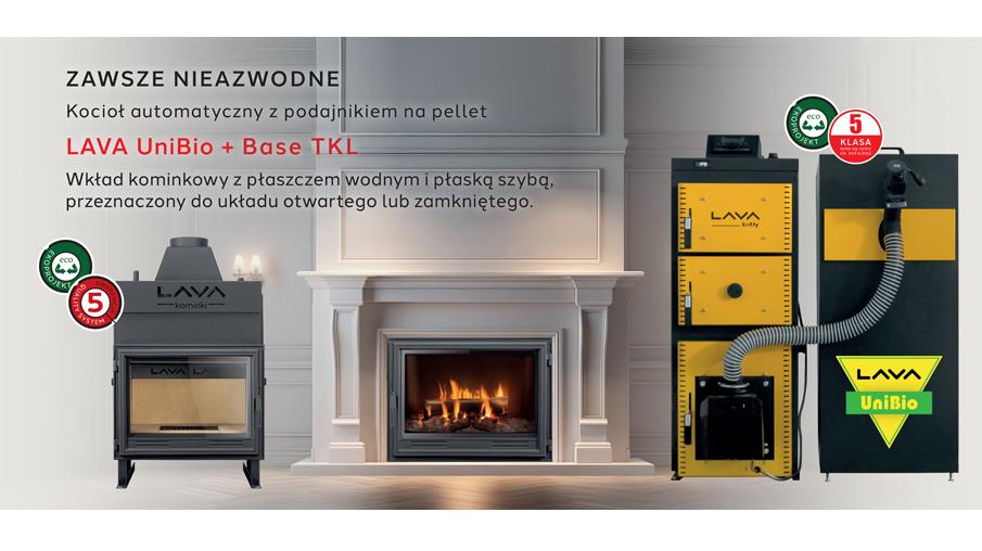 Kocioł na pellet LAVA UniBio z podajnikiem oraz wkład kominkowy z płaszczem wodnym
