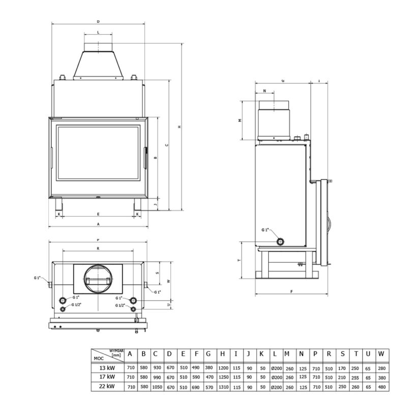 Termokominek PLUS 13kW w układzie zamkniętym (2,5 bar) z płaską szybą