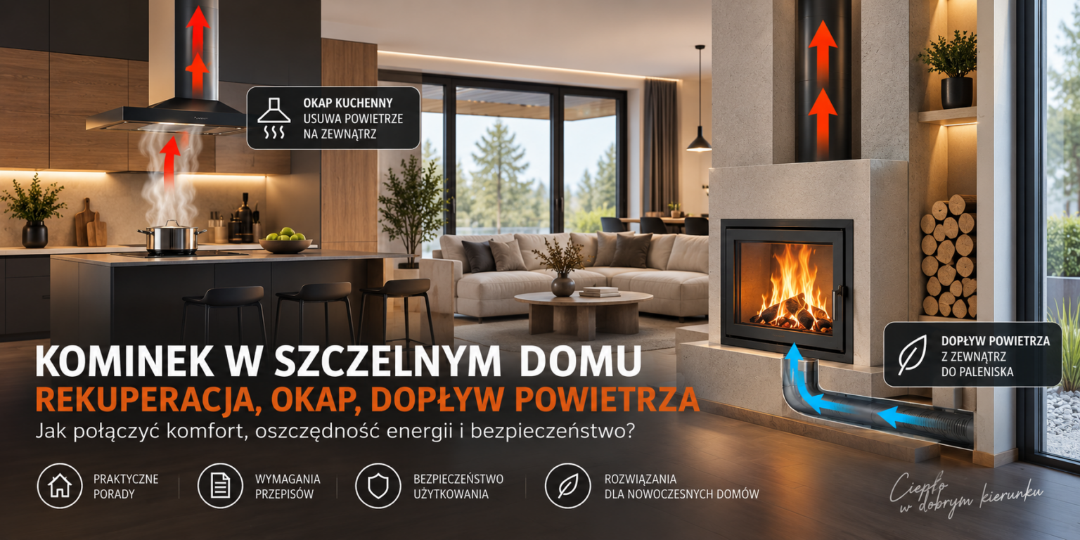 Kominek w szczelnym domu – rekuperacja, okap kuchenny i dopływ powietrza z zewnątrz