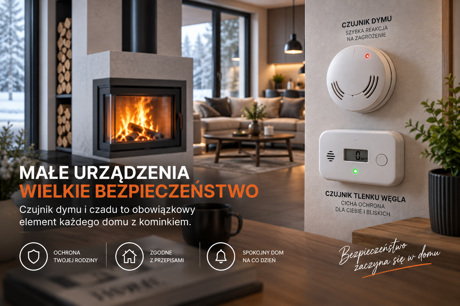 Czujnik dymu i czujnik tlenku węgla przy kominku w domu